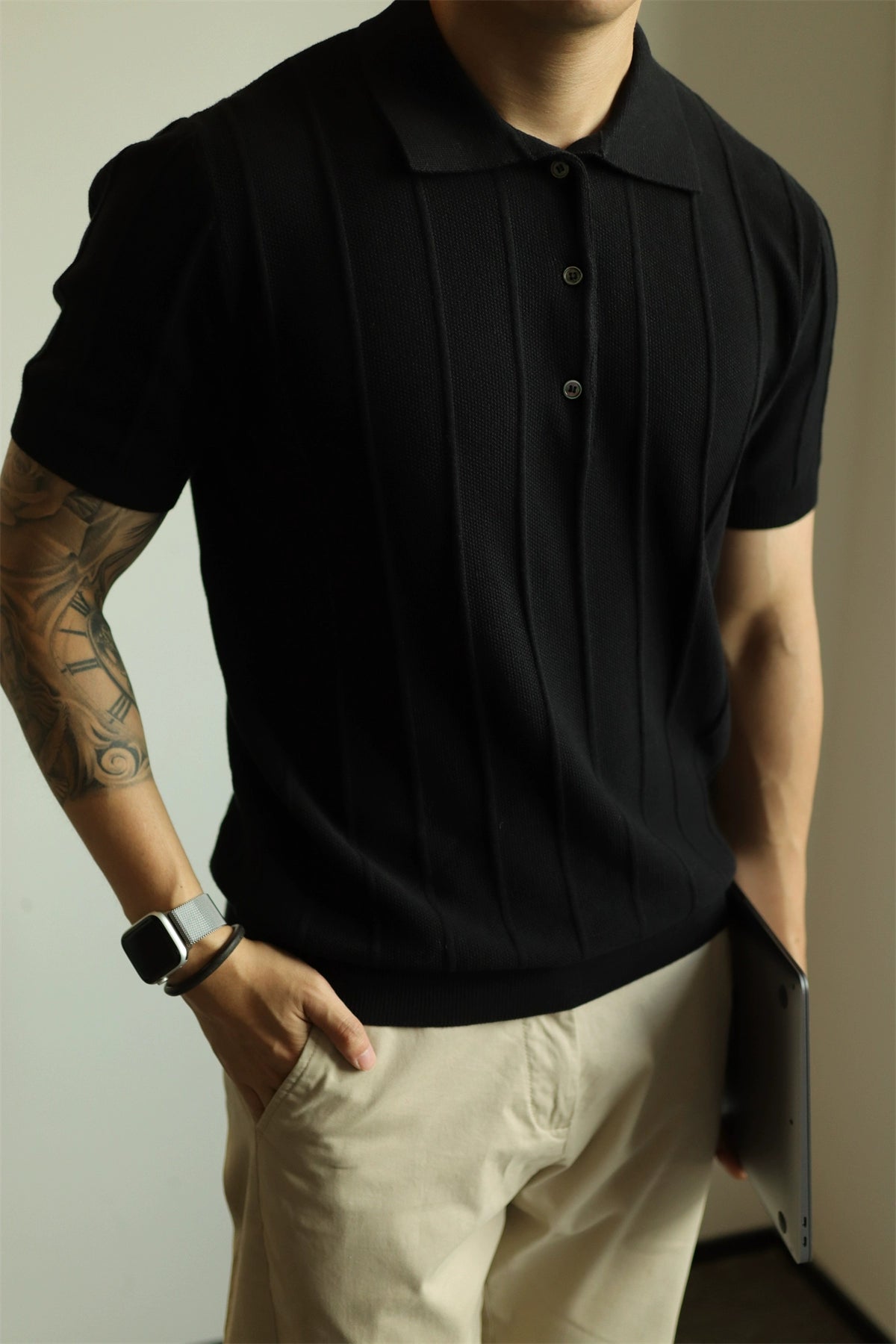 YX Jacquard Retro Knitted Short Sleeve Polo Shirt