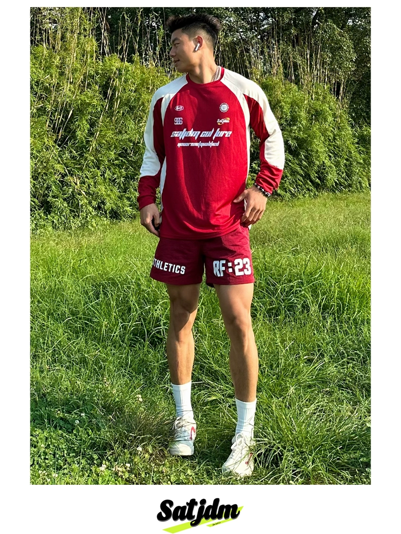 SATJDM Contrast Color Long Sleeve Outdoor Training T-Shirt, Fitness and Running, American Style