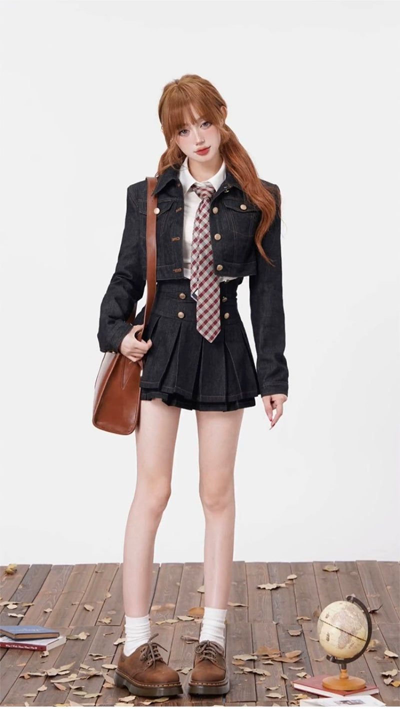 GAOSITONG Sophia Denim Pleated Skirt Set