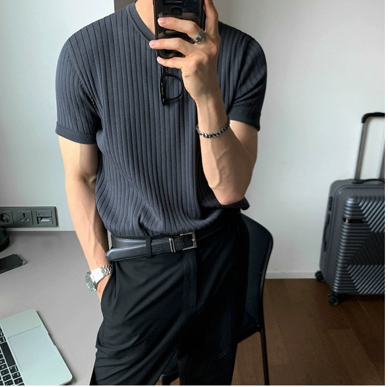 MRCYC High-End Round Neck Thin Striped Short-Sleeved Sweater