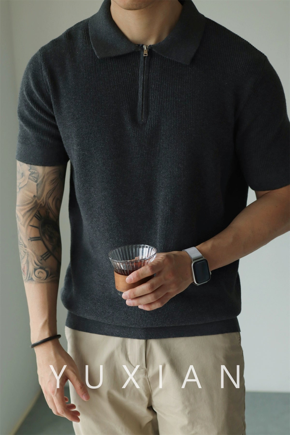 YX Knitted Short Sleeve Half Zipper Polo Shirt