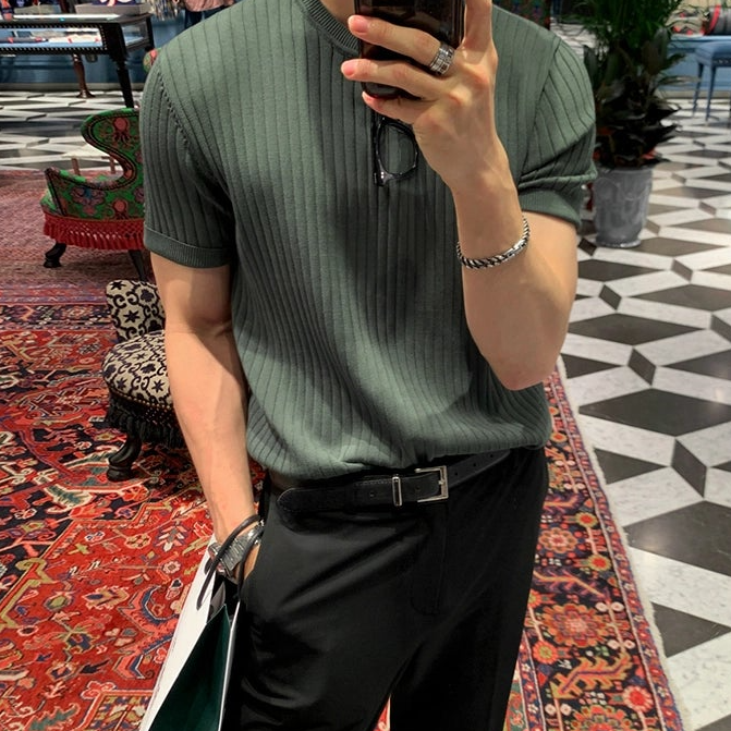 MRCYC High-End Round Neck Thin Striped Short-Sleeved Sweater