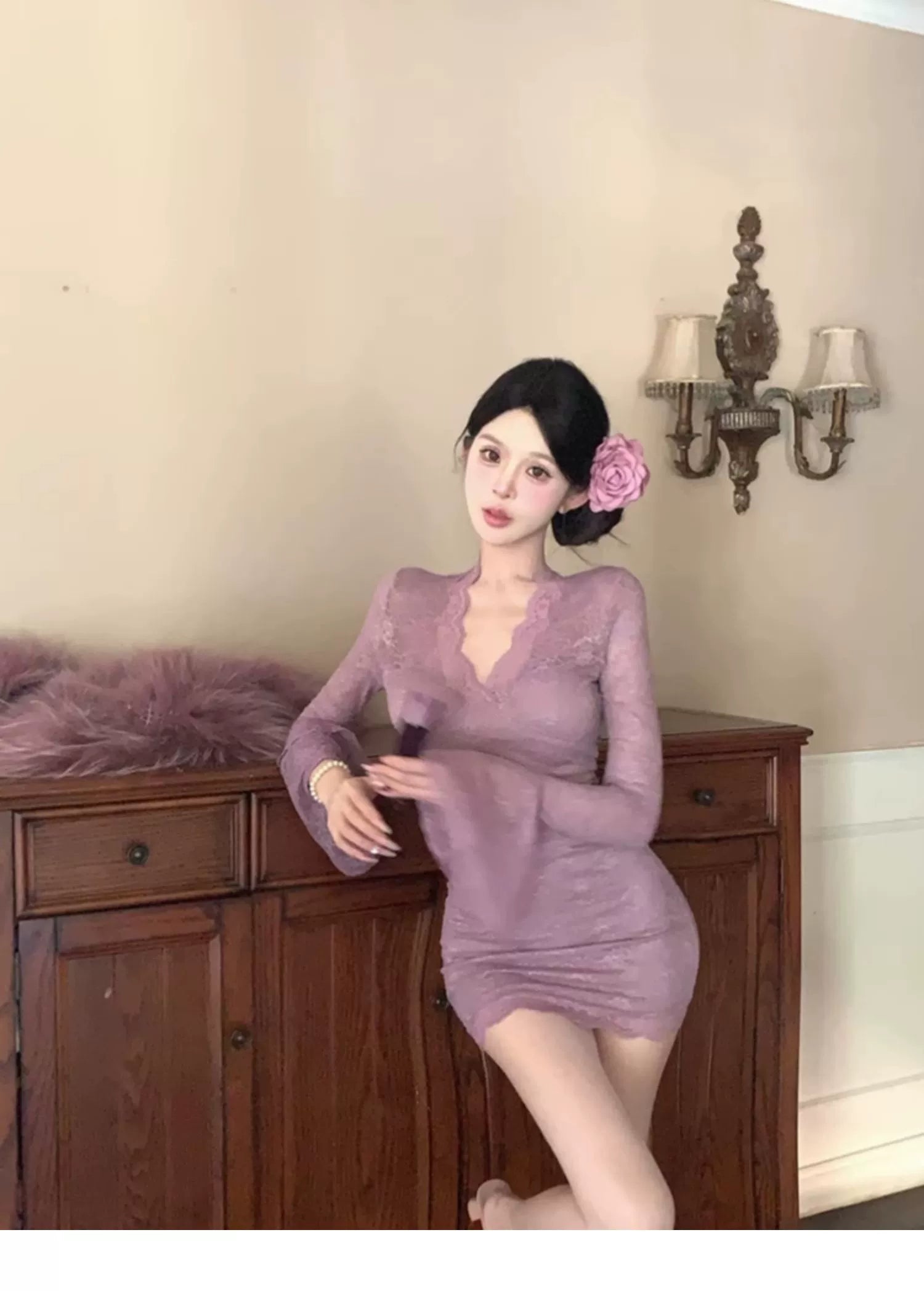GAOSITONG Grace V-Neck Lace Trumpet Sleeve Dress