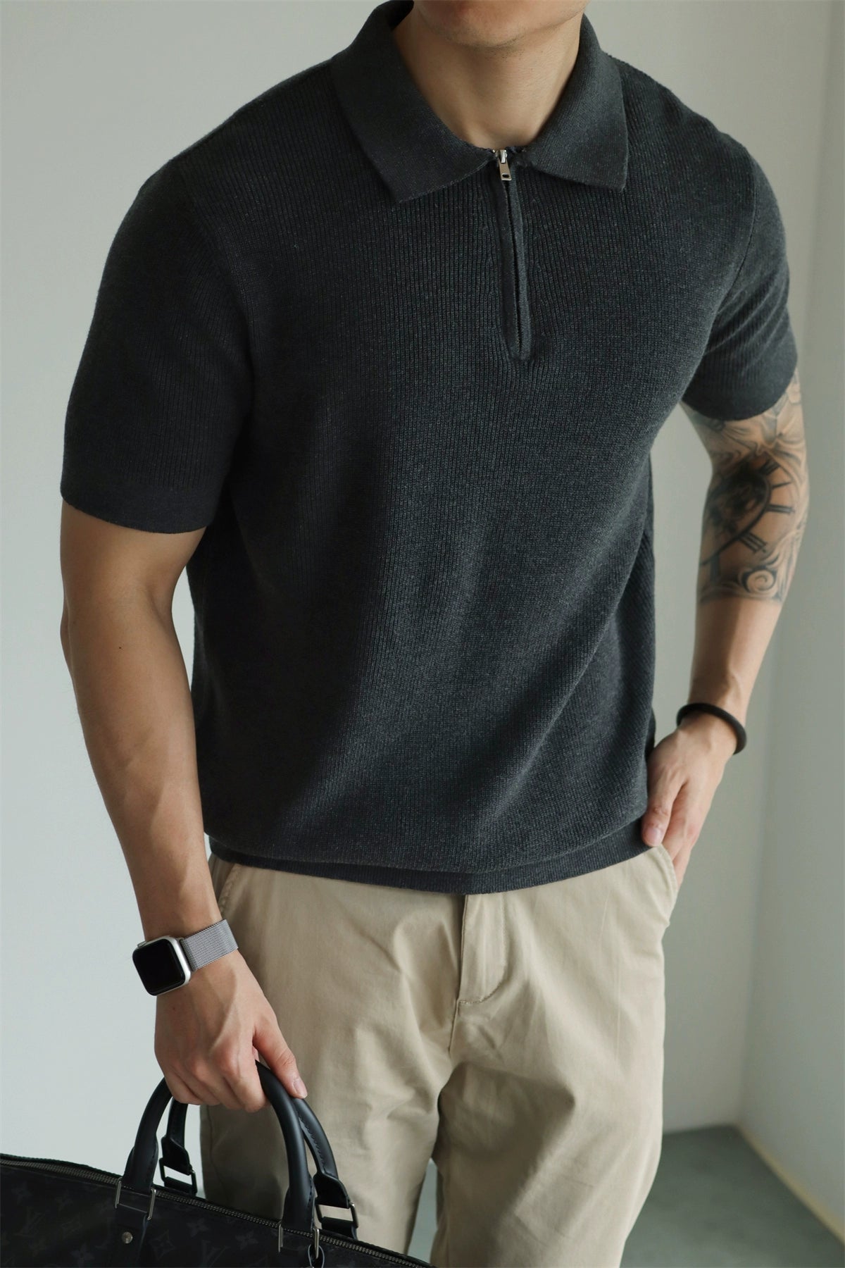 YX Knitted Short Sleeve Half Zipper Polo Shirt