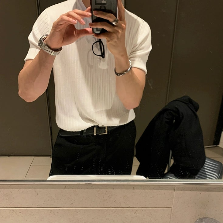 MRCYC High-End Round Neck Thin Striped Short-Sleeved Sweater