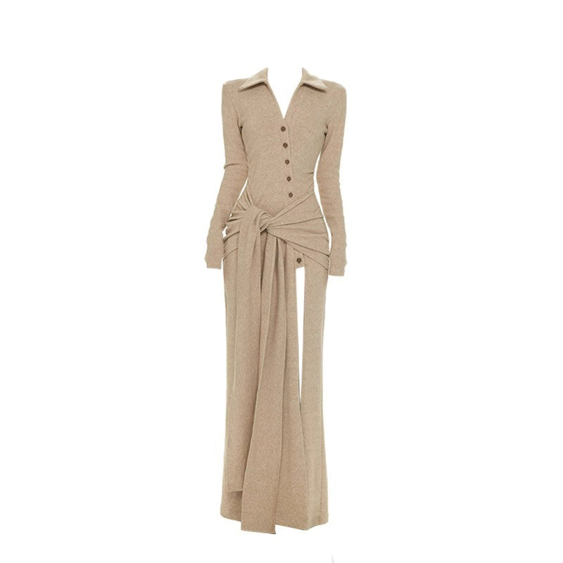 GAOSITONG Stella Beige High-Slit Hip Skirt Dress